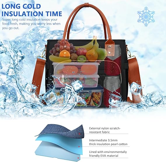 Lunch Bag Lunch Box Women with 2 Ice Packs,Orange Black