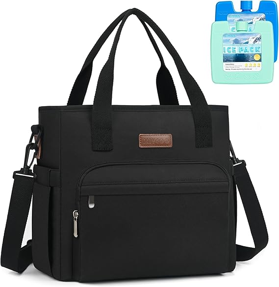 Lunch Bag Lunch Box Women with 2 Ice Packs, Black Unisex