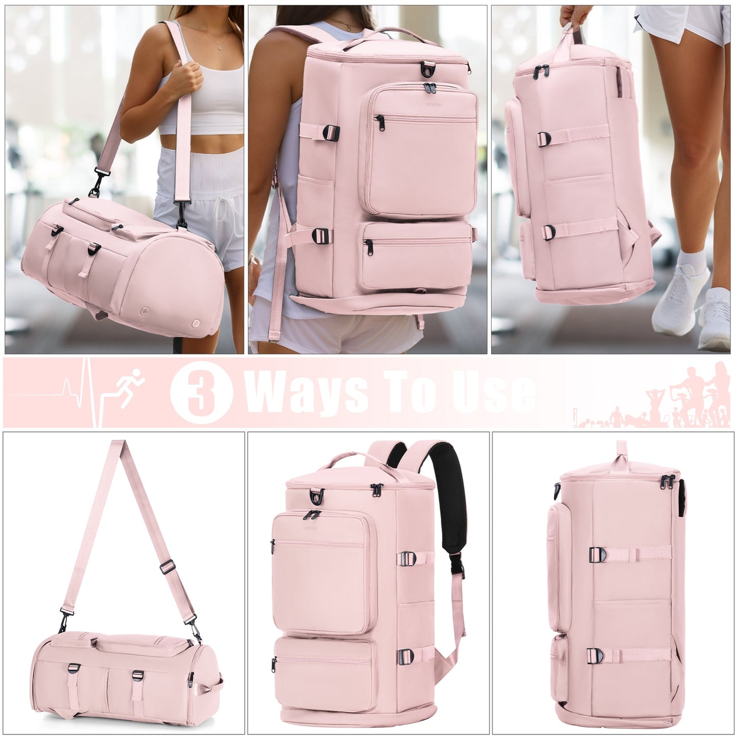 3 in 1 Duffle Bag and Gym Backpack, Pink