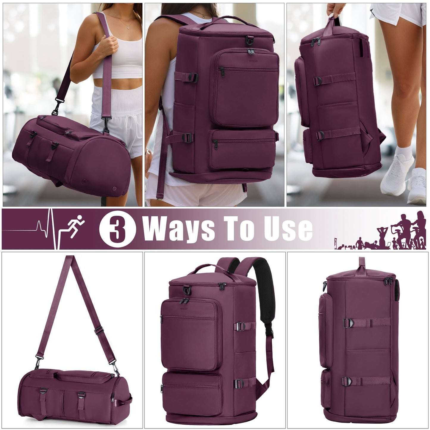 3 in 1 Duffle Bag and Gym Backpack, Purple