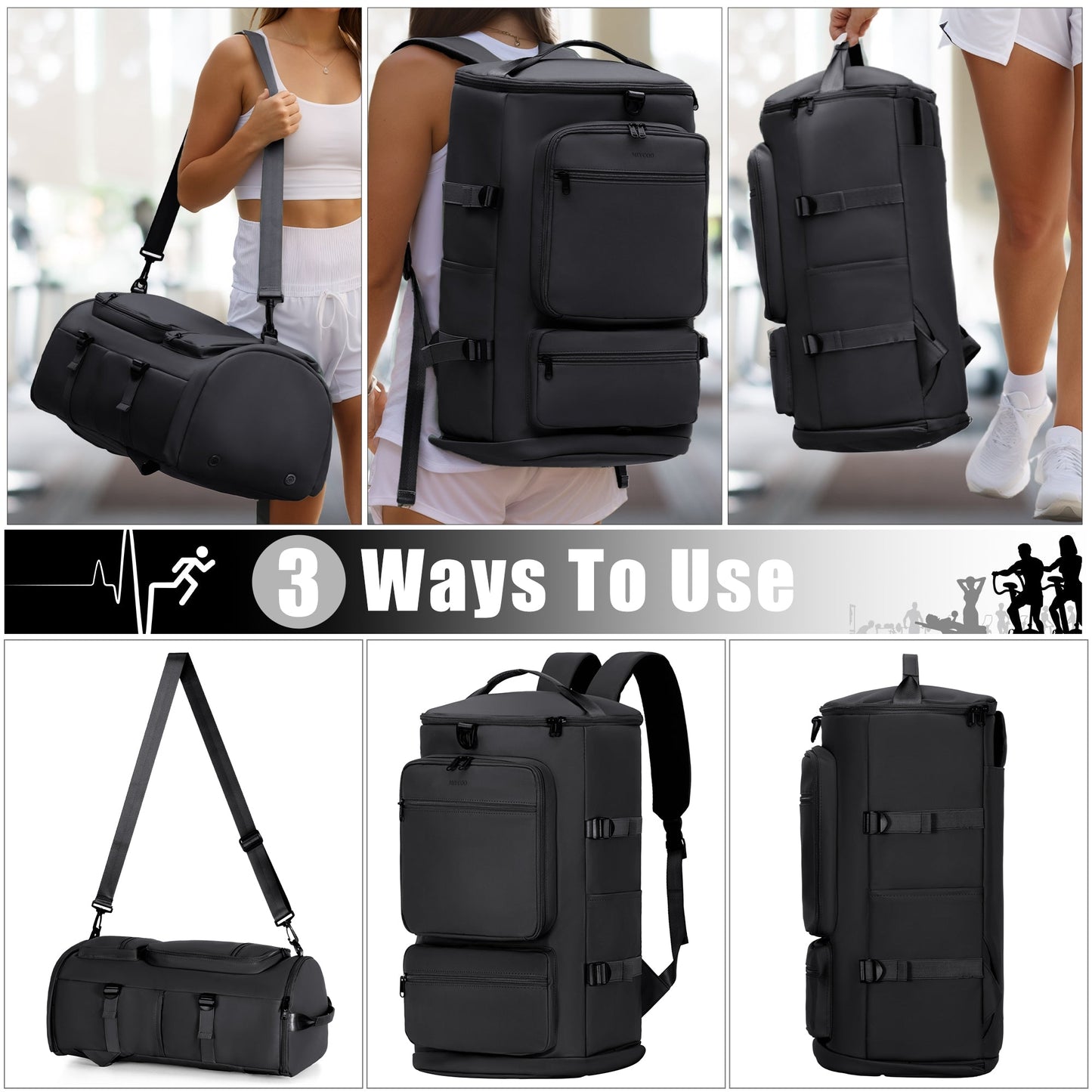 3 in 1 Duffle Bag and Gym Backpack, Black