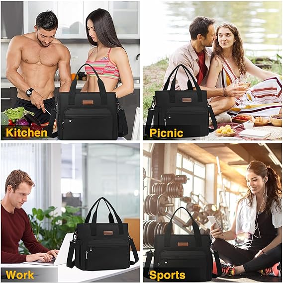 Lunch Bag Lunch Box Women with 2 Ice Packs, Black Unisex