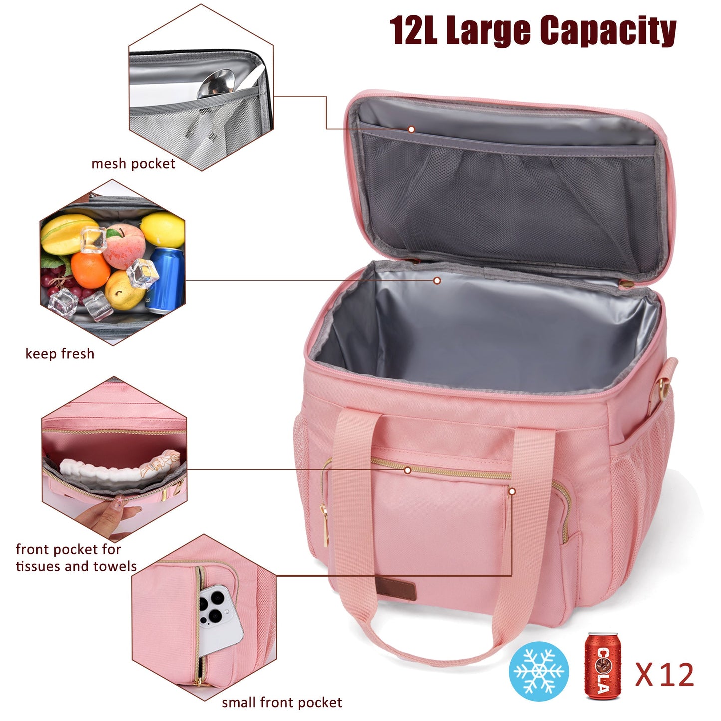 Insulated Lunch Bags for Women Men (Pink, 12L)