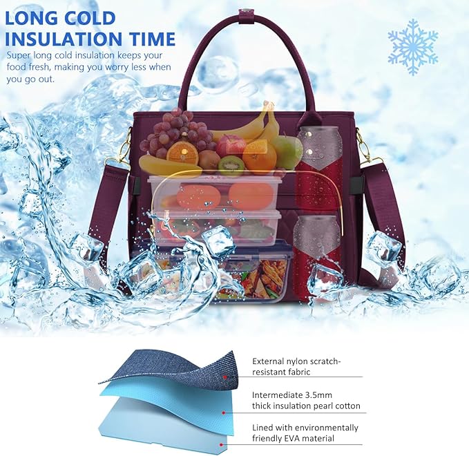 Lunch Bag Lunch Box Women with 2 Ice Packs, Purple