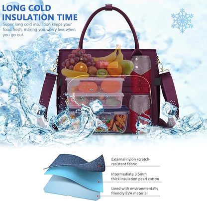 Lunch Bag Lunch Box Women with 2 Ice Packs, Purple