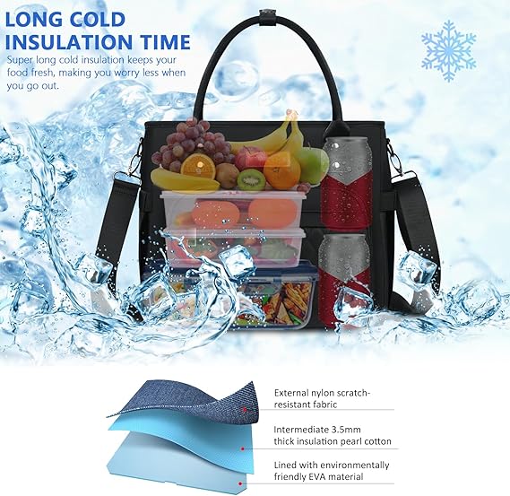 Lunch Bag Lunch Box Women with 2 Ice Packs, Black for Women