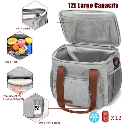 Insulated Lunch Bags for Women Men (Grey, 12L)