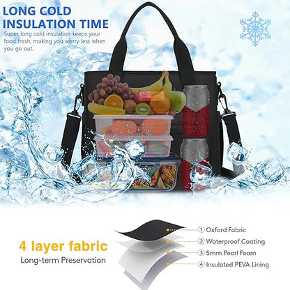 Lunch Bag Lunch Box Women with 2 Ice Packs, Black Unisex